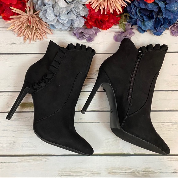 Black Faux Suede Victorian Heeled Bootie - Picture 8 of 11